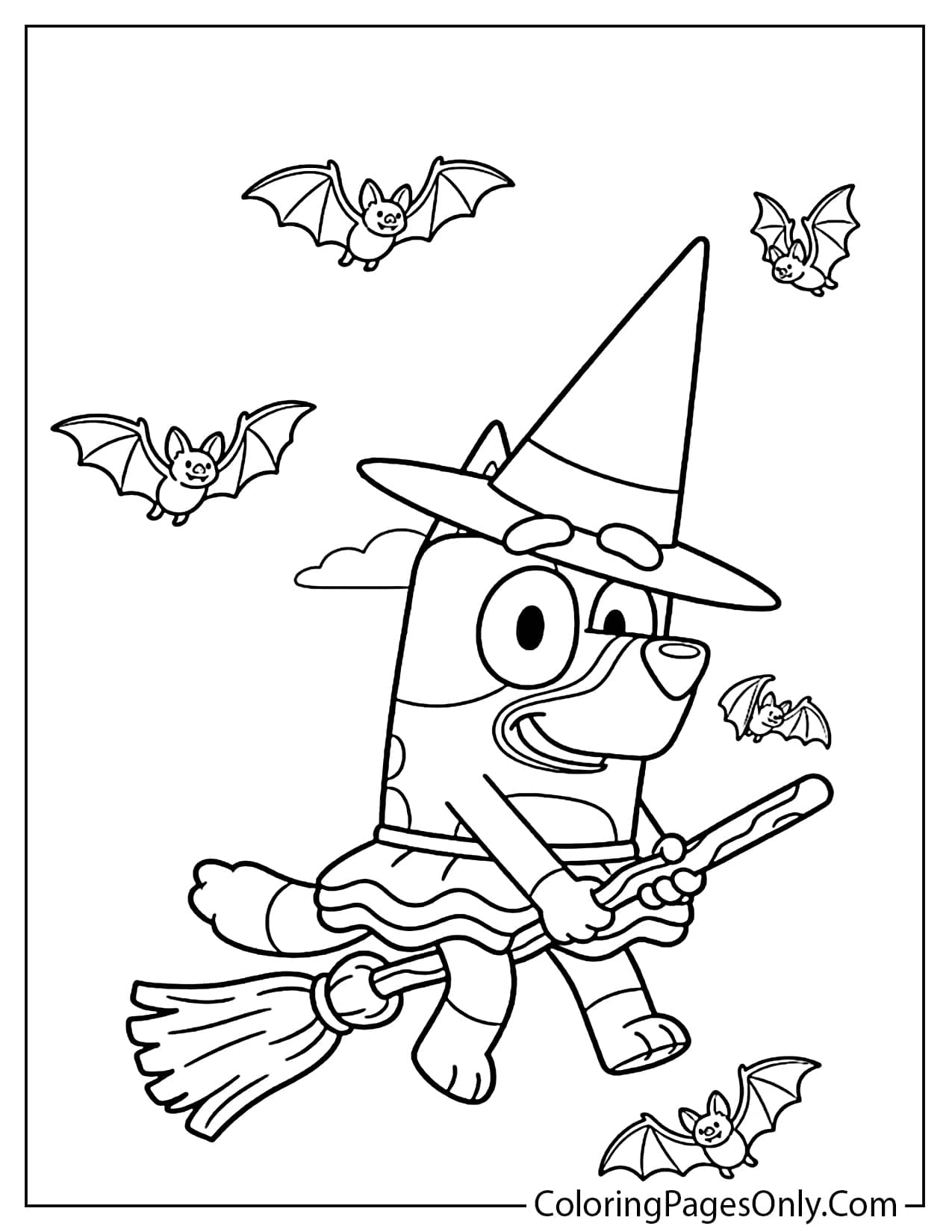 A line art coloring page of Bluey wearing a witch hat and flying on a magic broomstick with bats flying around. from Bluey Halloween