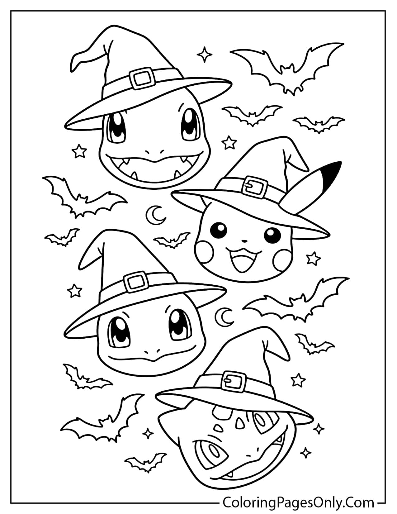 A line art illustration for coloring displaying the faces of 4 Pokemon: Charmander, Pikachu, Squirtle, and Bulbasaur, all wearing detailed witch hats and surrounded by a flock of bats and stars. Ideal for a quick Halloween coloring project. from Pokemon Halloween
