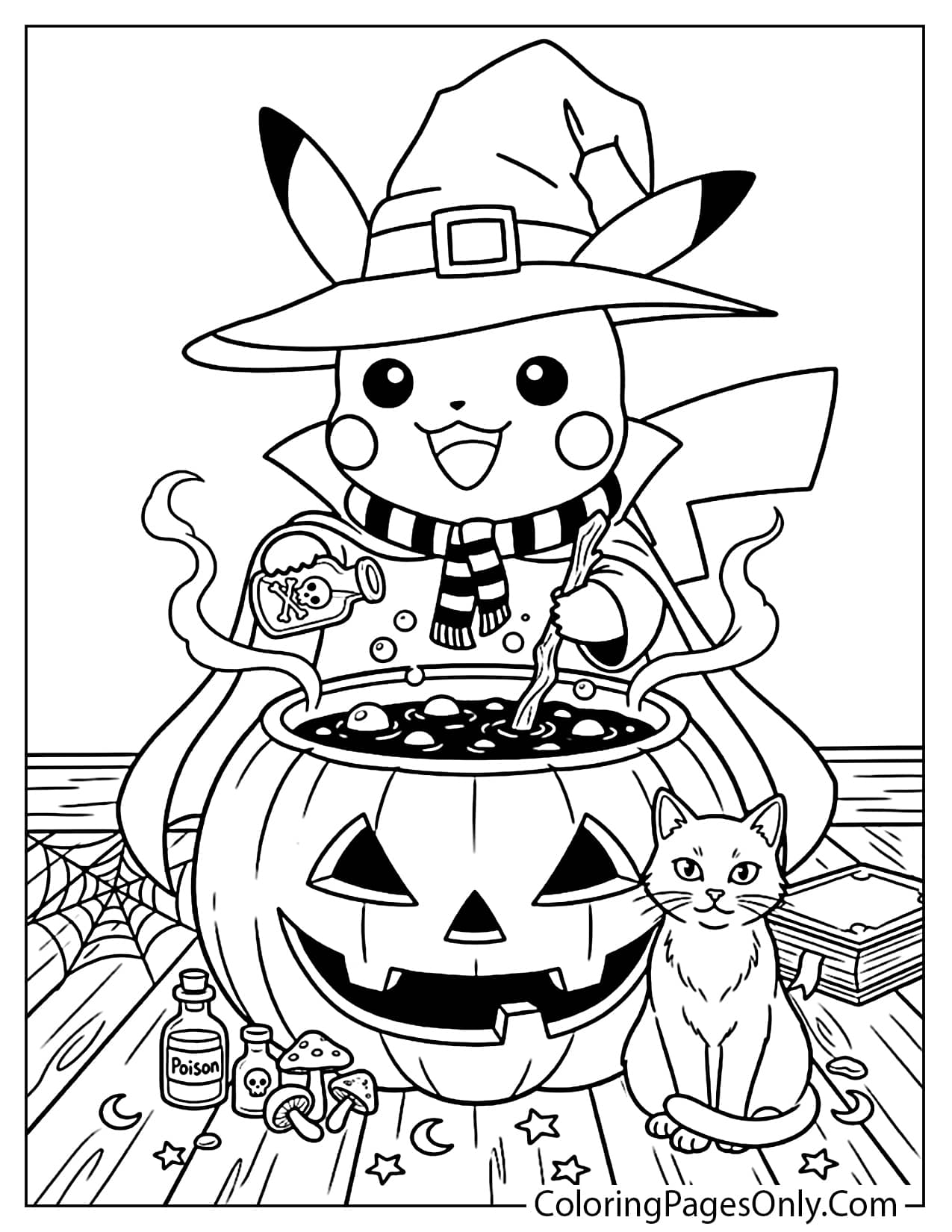 Black and white outline drawing of Pikachu wearing a witch hat and stirring a steaming pumpkin cauldron, with a black cat, mushrooms, and potion bottles nearby. Ideal for a Halloween coloring activity. 2. Hình 2 (Charizard phun lửa vào nhà ma) Title: Charizard Breathing Fire on Haunted House Halloween Coloring Page Alt: A detailed line art drawing for coloring showing Charizard in flight, breathing a large plume of fire on a dilapidated, haunted Victorian house, surrounded by bats. A dynamic Pokemon Halloween coloring sheet. 3. Hình 3 (Charmander nhảy múa trong nghĩa trang) Title: Charmander Dancing in Graveyard with Skeletons Coloring Page Alt: Black and white line drawing of a happy Charmander dancing in a graveyard between two full skeletons under a full moon, with several R.I.P. tombstones and a fence. A unique Pokemon Halloween coloring page. 4. Hình 4 (Đội Pokemon chạy trốn Xác Ướp) Title: Pokemon Team Running from Mummy in Desert Coloring Page Alt: A line art illustration showing Bulbasaur, Charmander, Squirtle, and Pikachu running away in fear from an Egyptian mummy in a desert landscape with a pyramid in the background. A collaborative Pokemon Halloween coloring page. 5. Hình 5 (Các Pokemon trong quả bí ngô khổng lồ) Title: Pikachu and Friends inside Jack-o'-Lantern Coloring Page Alt: Black and white outline showing Pikachu, Charmander, and Squirtle happily peek from inside a large, carved jack-o'-lantern, surrounded by cobwebs, spiders, and bats. A festive Pokemon Halloween coloring page. 6. Hình 6 (Pikachu hóa trang bí ngô đi xin kẹo) Title: Pumpkin Costume Pikachu with Ghost Trick-or-Treating Coloring Page Alt: Line drawing of Pikachu wearing a full pumpkin costume, running happily with a jack-o'-lantern trick-or-treat basket full of candy, alongside a happy cartoon ghost. Perfect for a Halloween coloring sheet. 7. Hình 7 (6 Pokemon trong giỏ bí ngô) Title: 6 Pokemon in Individual Pumpkin Baskets Coloring Page Alt: A collection of 6 separate line drawings, each showing a different Pokemon (Charmander, Gengar, Squirtle, Pikachu, Eevee, Bulbasaur) inside its own carved jack-o'-lantern basket, surrounded by leaves and candies. A varied Pokemon Halloween coloring page. 8. Hình 8 (4 gương mặt Pokemon đội mũ phù thủy) Title: Witch Hat Pokemon Faces for Halloween Coloring Page Alt: A line art illustration for coloring displaying the faces of 4 Pokemon: Charmander, Pikachu, Squirtle, and Bulbasaur, all wearing detailed witch hats and surrounded by a flock of bats and stars. Ideal for a quick Halloween coloring project. from Pokemon Halloween