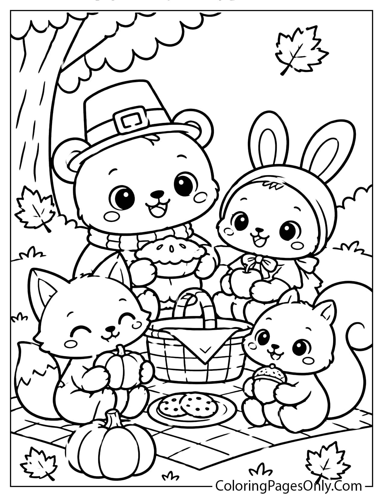 Bear, bunny, fox, and squirrel sharing pie, cookies, and a pumpkin on a picnic blanket from Cute Thanksgiving